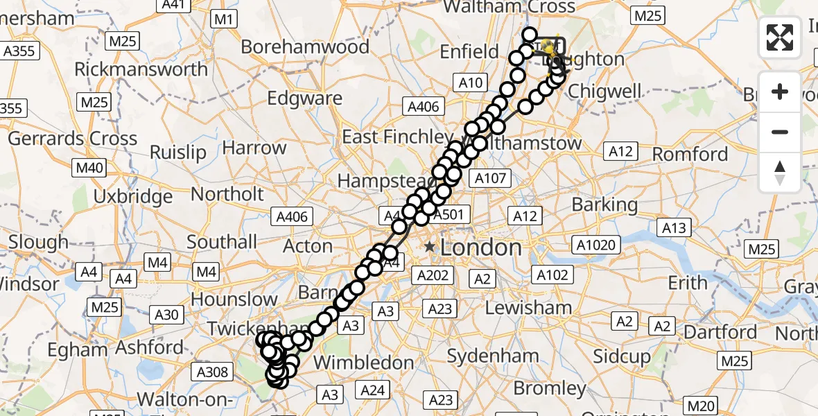 Flight route Police Helicopter Sewardstonebury - Sewardstonebury, 28 June 2026, 11:20