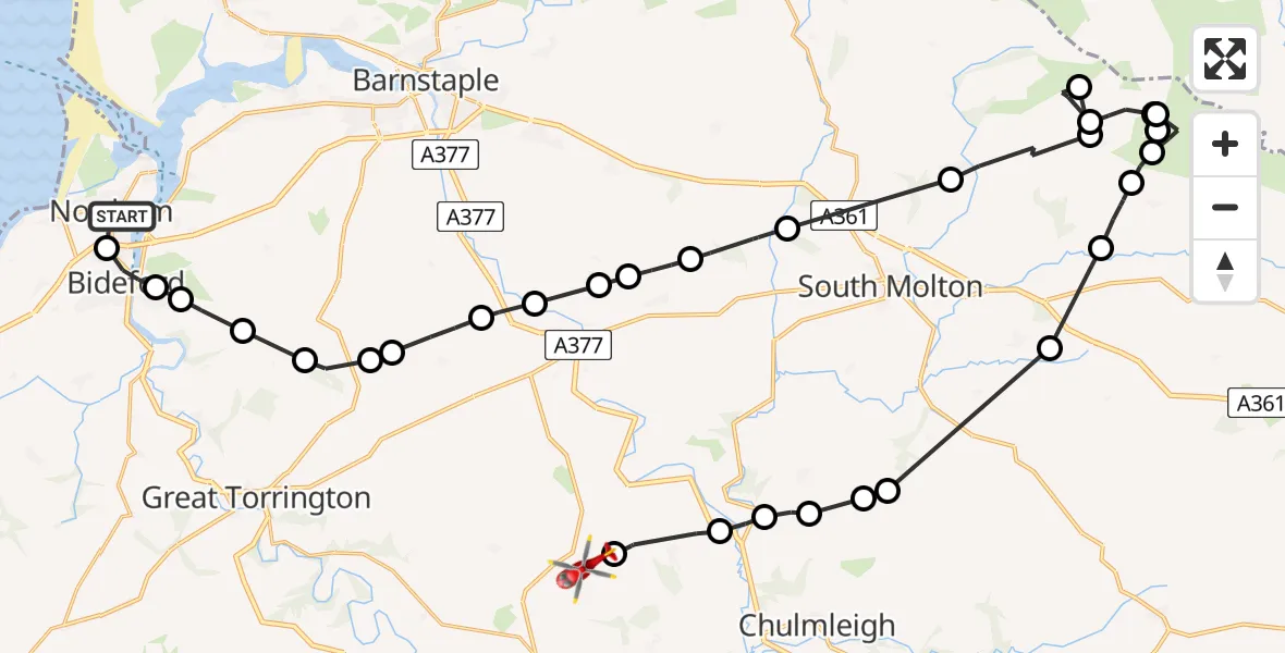 Flight route Air Ambulance Helicopter Northam - North Devon, 28 June 2026, 11:25