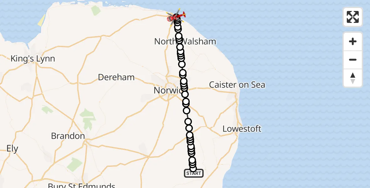Flight route Air Ambulance Helicopter Heveningham - Overstrand, 28 June 2026, 11:46