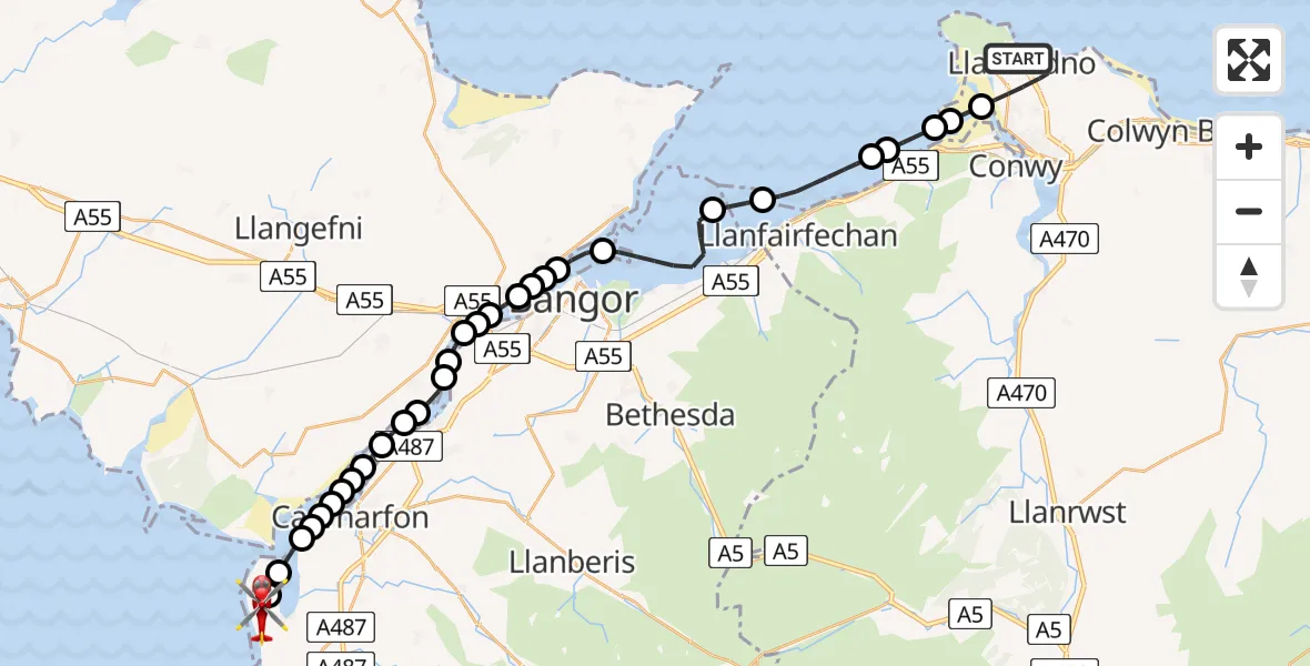 Flight route Air Ambulance Helicopter Llandudno - Caernarfon Airport, 28 June 2026, 11:50