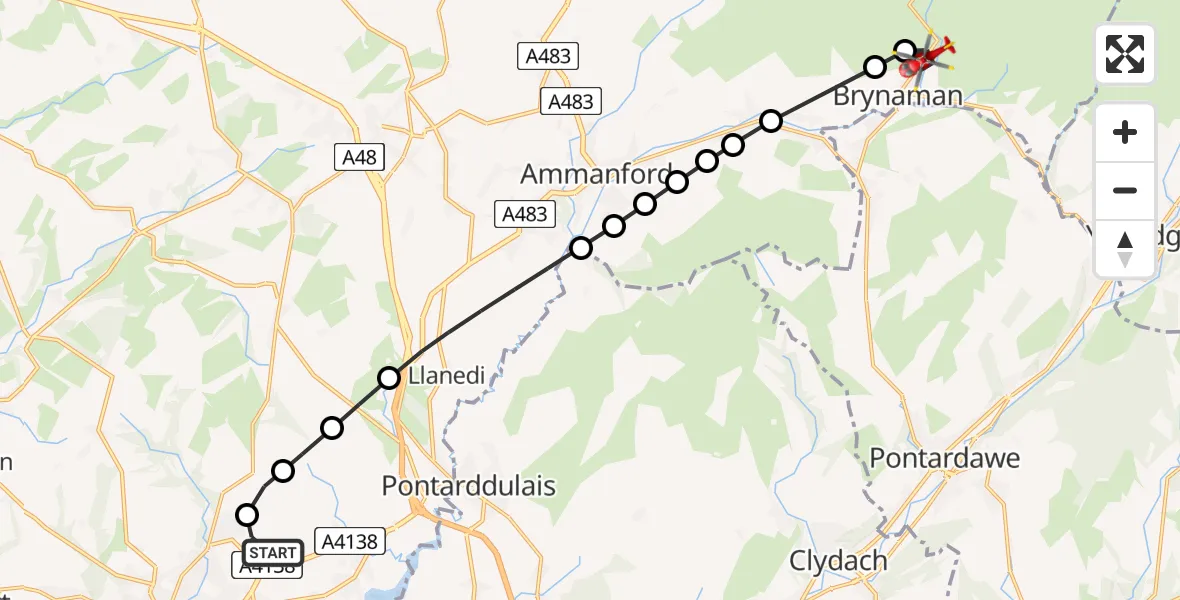 Flight route Air Ambulance Helicopter Dafen - Brynaman, 28 June 2026, 12:08