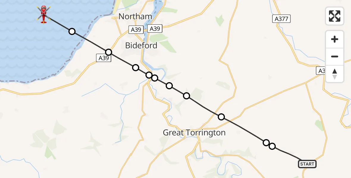 Flight route Air Ambulance Helicopter Roborough - Bristol Channel, 28 June 2026, 12:08