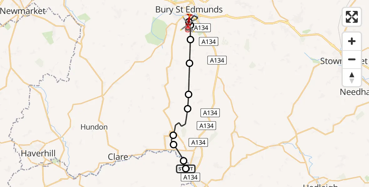 Flight route Air Ambulance Helicopter Long Melford - West Suffolk Hospital, 28 June 2026, 12:16