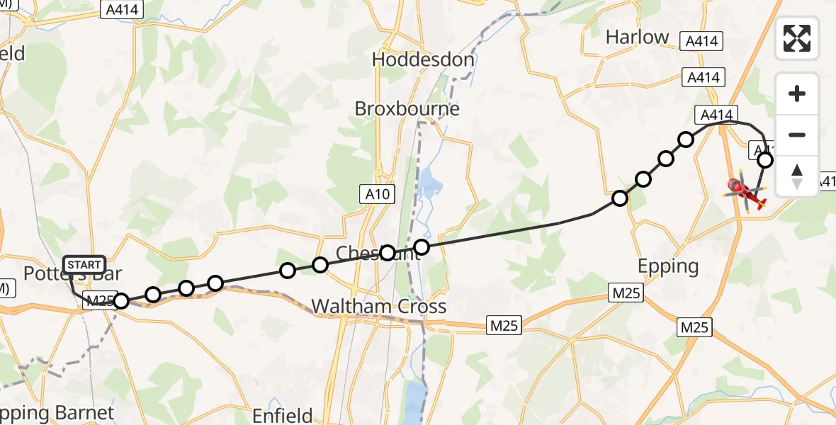 Flight route Air Ambulance Helicopter Potters Bar - North Weald Airfield, 28 June 2026, 12:17