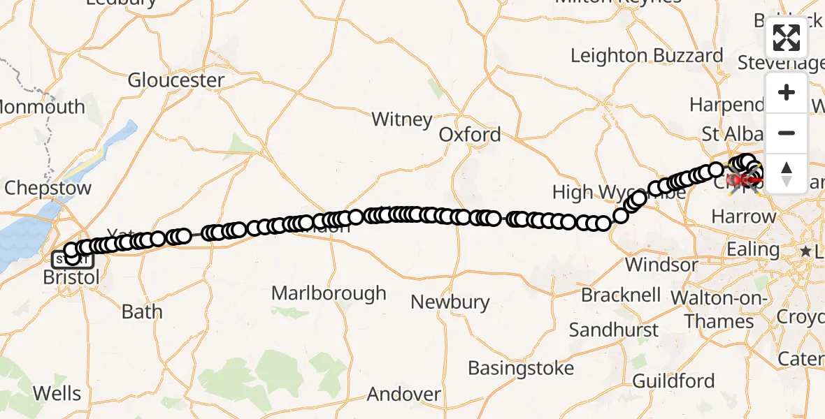 Flight route Air Ambulance Helicopter Southmead Hospital - Elstree Airfield, 28 June 2026, 12:31