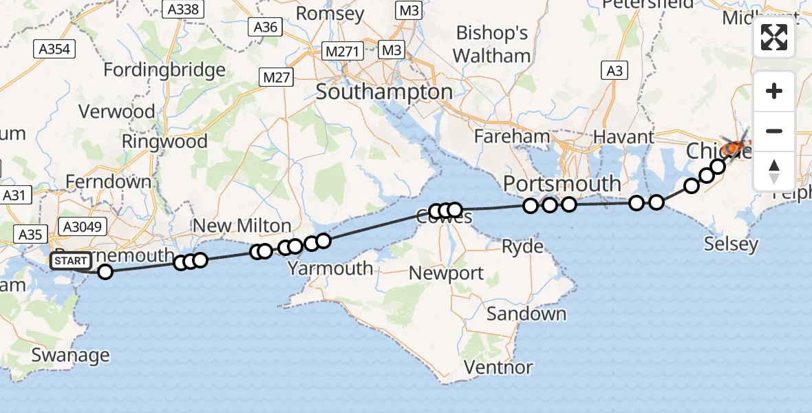 Flight route Coastguard Helicopter Poole - Chichester, 28 June 2026, 12:32
