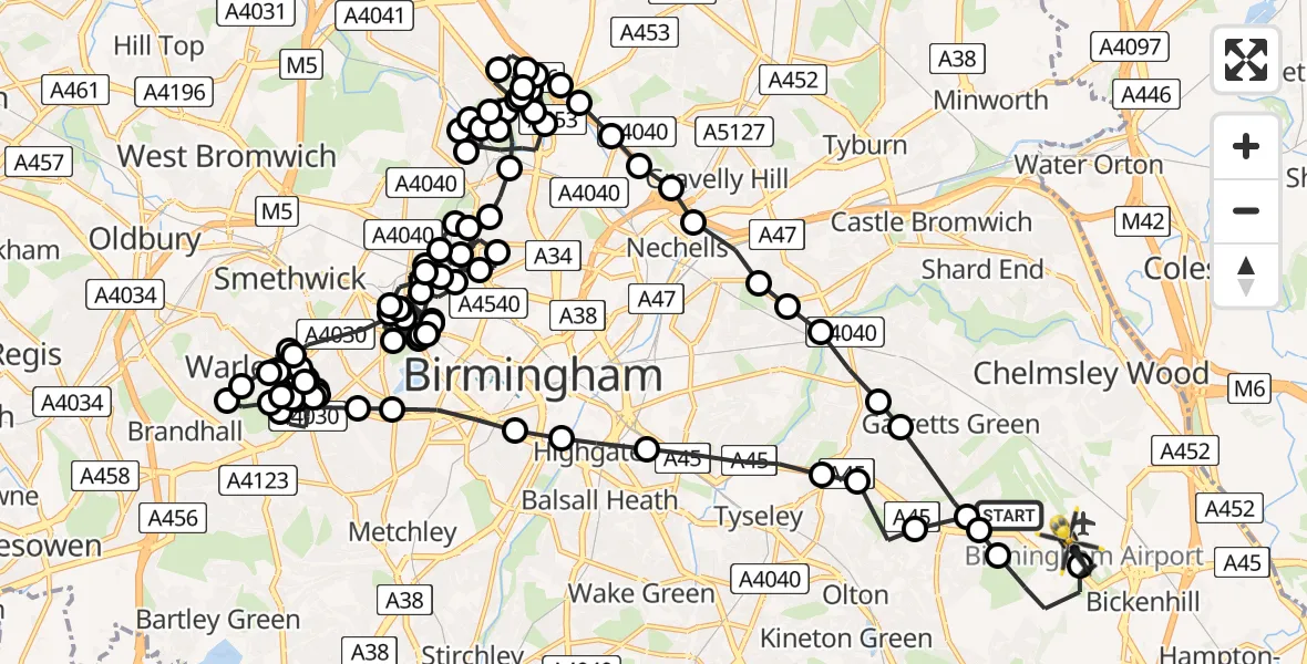 Flight route Police Helicopter Birmingham Airport - Birmingham Airport, 28 June 2026, 12:33