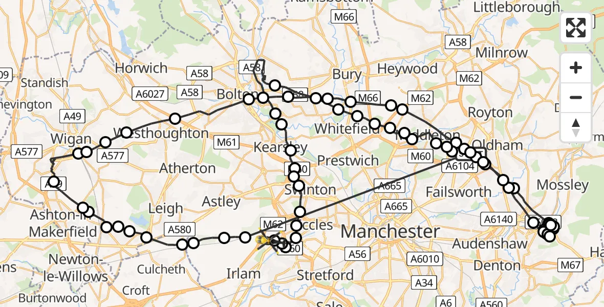Flight route Police Helicopter Chadderton - Manchester Barton Aerodrome, 28 June 2026, 12:56