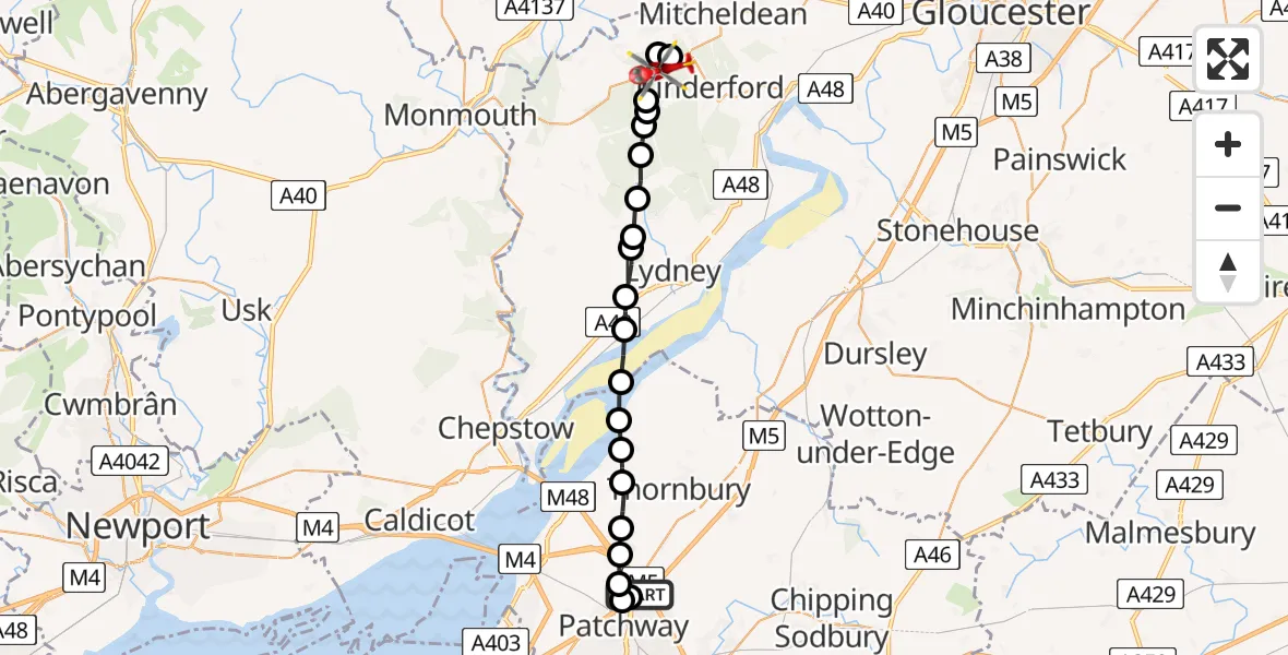 Flight route Air Ambulance Helicopter Almondsbury Helicopter Base - Mitcheldean, 28 June 2026, 12:57
