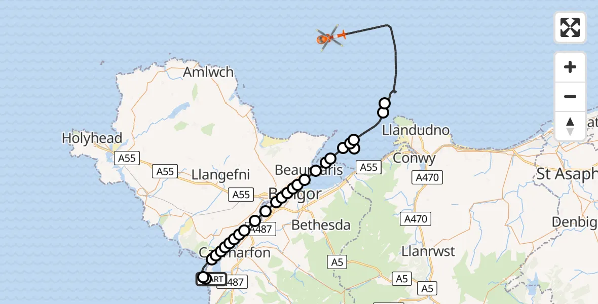 Flight route Coastguard Helicopter Caernarfon Airport - Irish Sea, 28 June 2026, 12:58