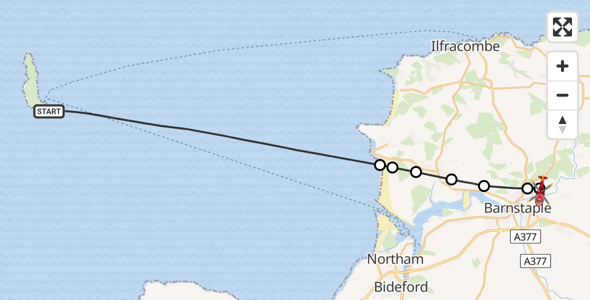 Flight route Air Ambulance Helicopter Bristol Channel - North Devon, 28 June 2026, 12:59