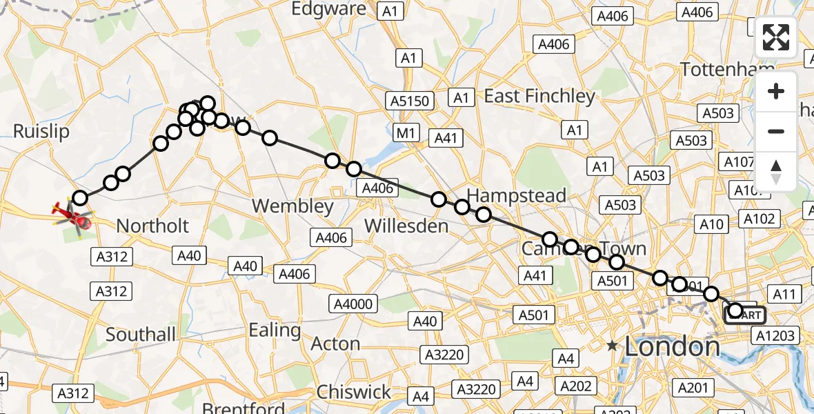 Flight route Air Ambulance Helicopter Royal London Hospital - RAF Northolt, 28 June 2026, 13:00
