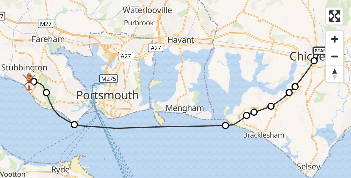 Flight route Coastguard Helicopter Chichester - Solent Airport, 28 June 2026, 13:09