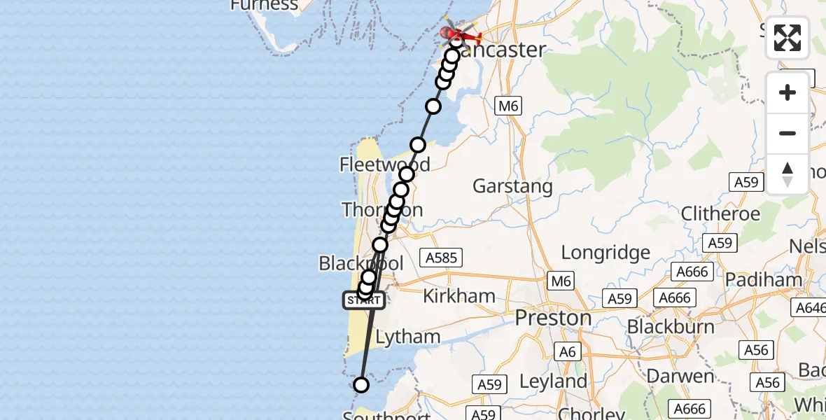 Flight route Air Ambulance Helicopter Blackpool Airport - Morecambe, 28 June 2026, 13:14