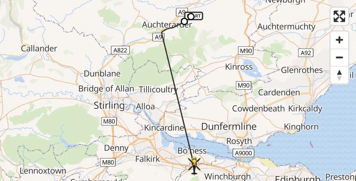 Flight route Police Helicopter Dunning - Linlithgow, 28 June 2026, 13:14