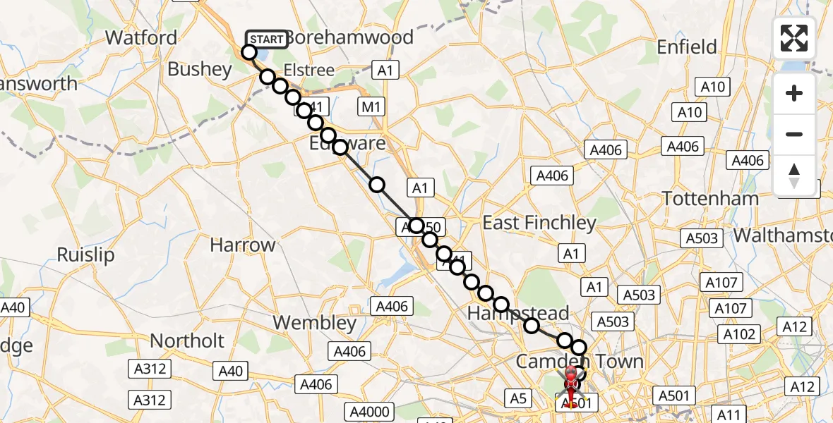 Flight route Air Ambulance Helicopter Elstree Airfield - Fitzrovia, 28 June 2026, 13:15