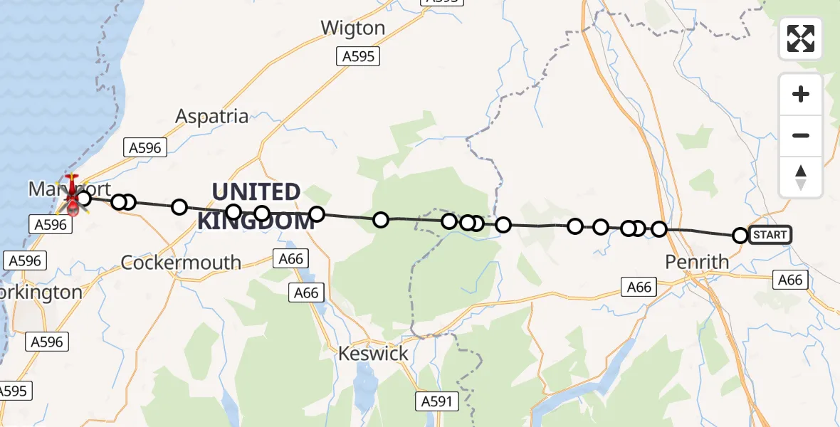 Flight route Air Ambulance Helicopter Edenhall - Maryport, 28 June 2026, 13:21