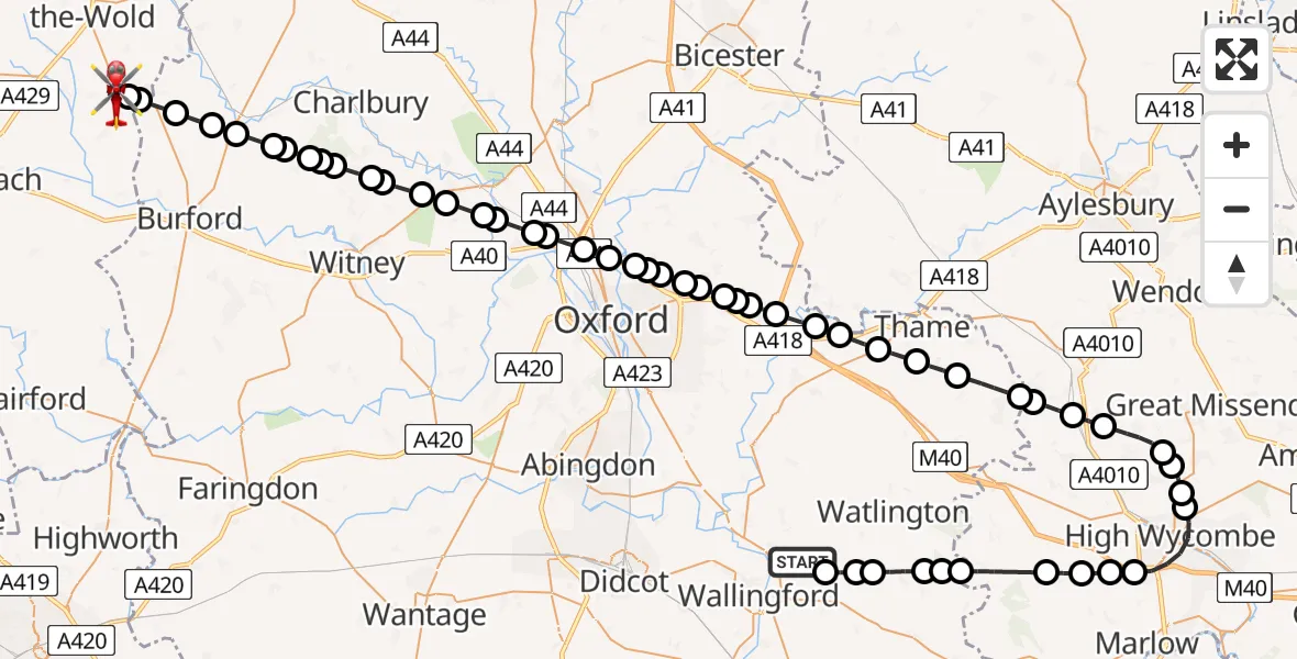 Flight route Air Ambulance Helicopter RAF Benson - Upper Rissington, 28 June 2026, 13:27