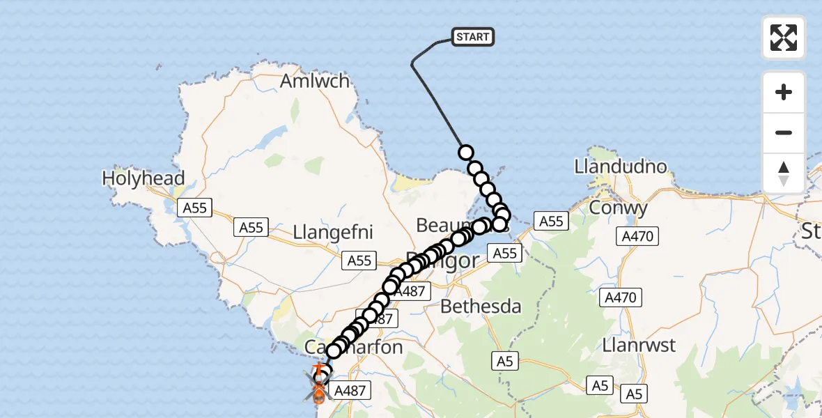 Flight route Coastguard Helicopter Irish Sea - Caernarfon Airport, 28 June 2026, 13:29