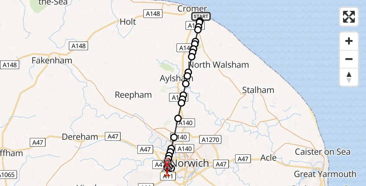 Flight route Air Ambulance Helicopter Overstrand - Norfolk & Norwich Hospital, 28 June 2026, 13:31
