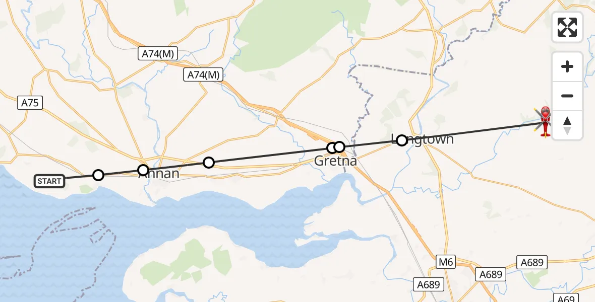 Flight route Air Ambulance Helicopter Cummertrees - Hethersgill, 28 June 2026, 13:36