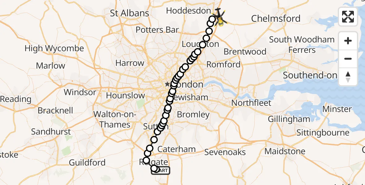Flight route Police Helicopter Salfords - North Weald Bassett, 28 June 2026, 13:38