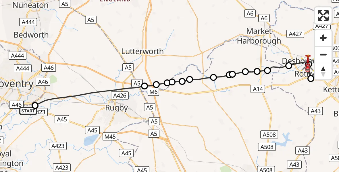 Flight route Air Ambulance Helicopter Coventry Airport - Desborough, 28 June 2026, 13:39