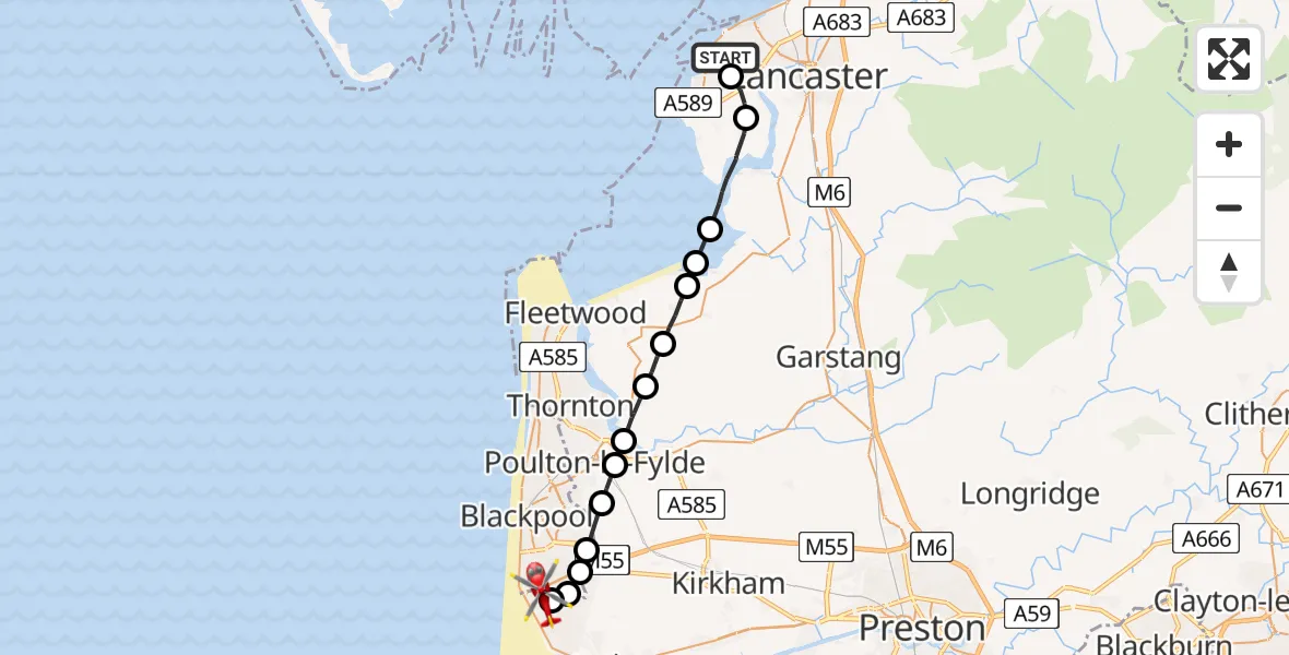 Flight route Air Ambulance Helicopter Morecambe - Blackpool Airport, 28 June 2026, 13:41