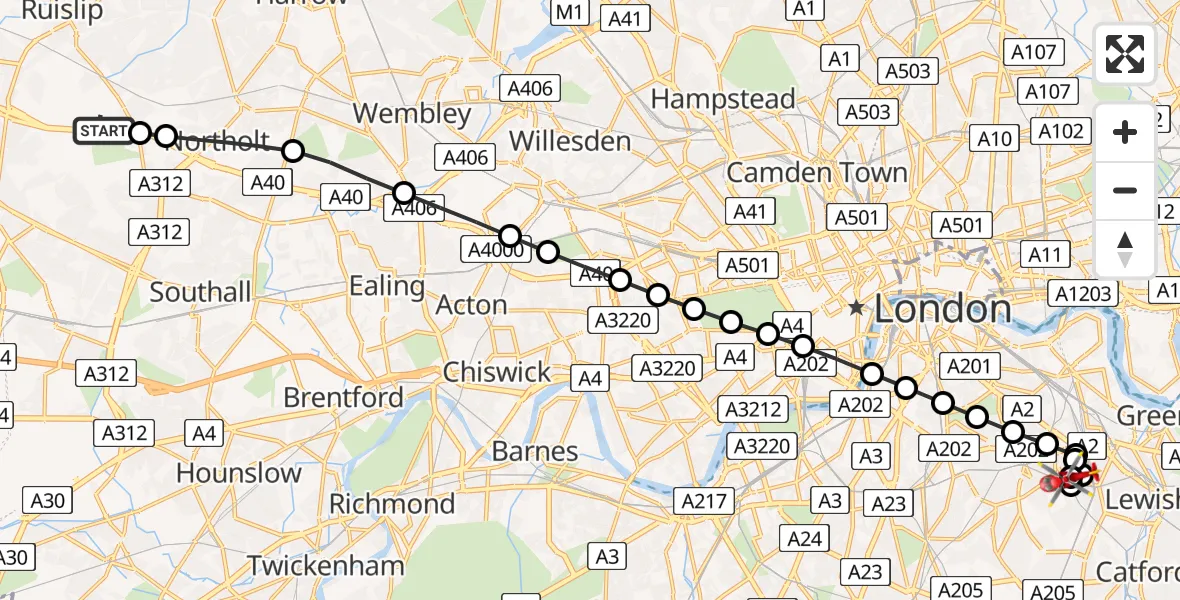 Flight route Air Ambulance Helicopter RAF Northolt - Nunhead, 28 June 2026, 13:44