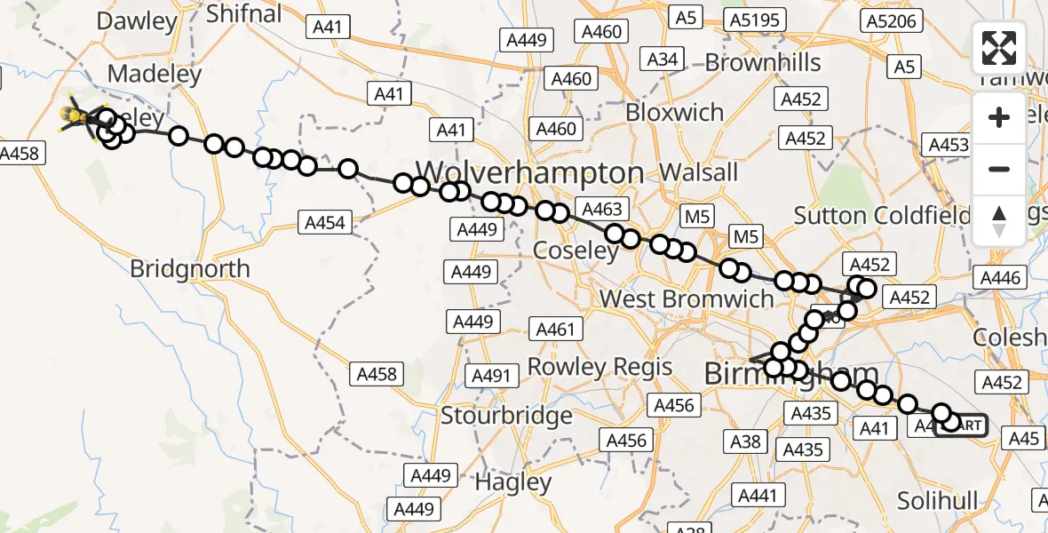Flight route Police Helicopter Birmingham Airport - Benthall, 28 June 2026, 13:53