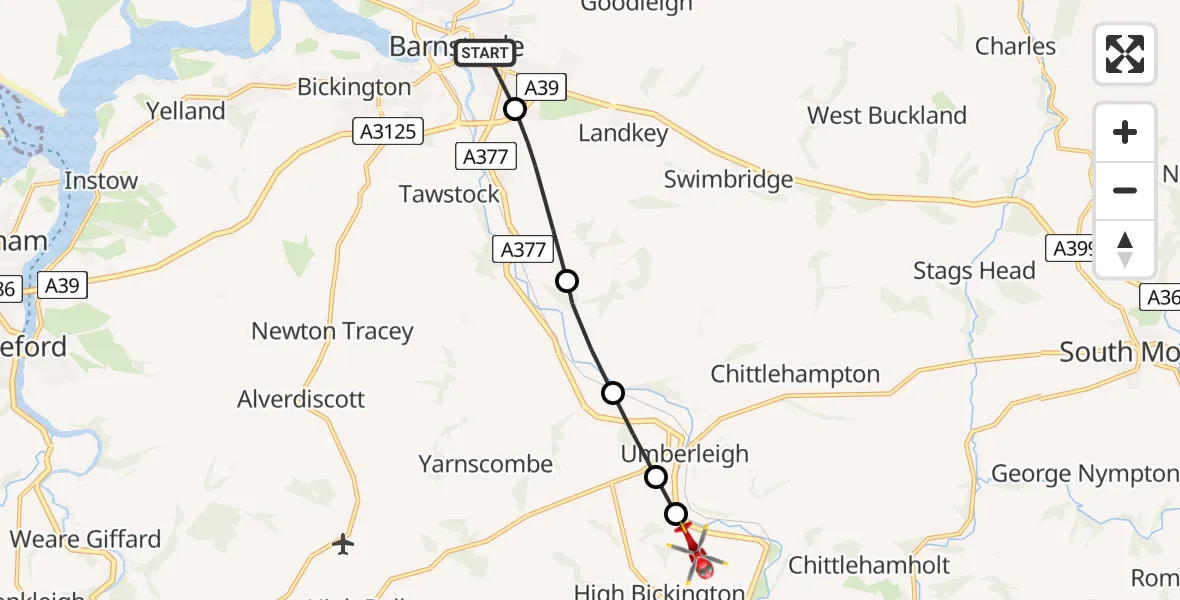 Flight route Air Ambulance Helicopter Barnstaple - High Bickington, 28 June 2026, 13:57