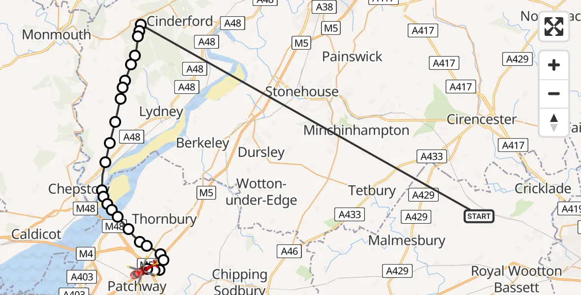 Flight route Air Ambulance Helicopter Minety - Almondsbury Helicopter Base, 28 June 2026, 14:00