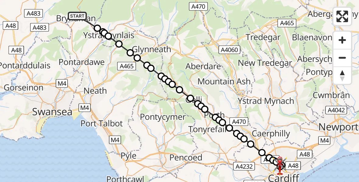 Flight route Air Ambulance Helicopter Brynaman - Birchgrove, 28 June 2026, 14:00