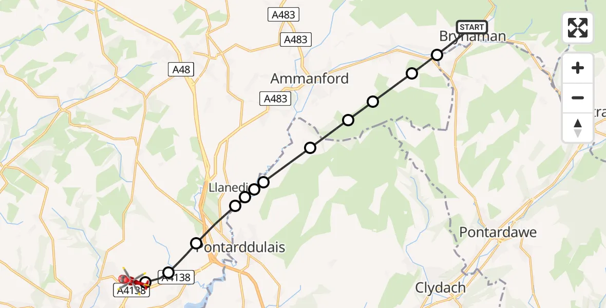 Flight route Air Ambulance Helicopter Brynaman - Dafen, 28 June 2026, 14:05
