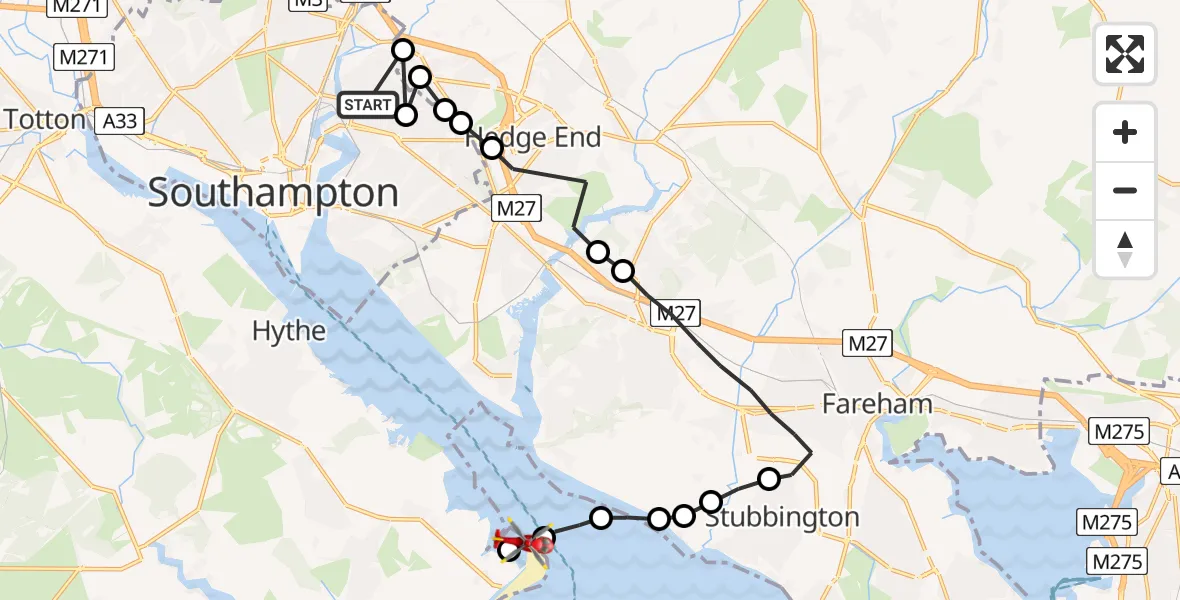 Flight route Air Ambulance Helicopter Midanbury - RNAS/RAF Calshot, 28 June 2026, 14:21