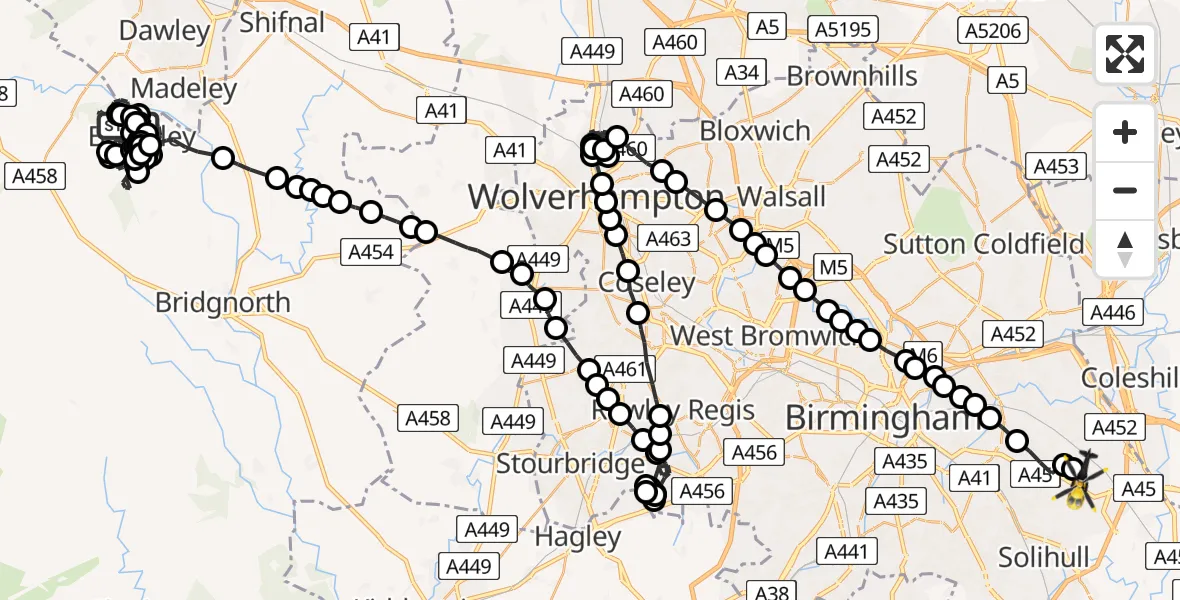Flight route Police Helicopter Benthall - Birmingham Airport, 28 June 2026, 14:27