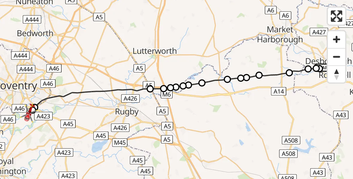 Flight route Air Ambulance Helicopter Desborough - Coventry Airport, 28 June 2026, 14:28