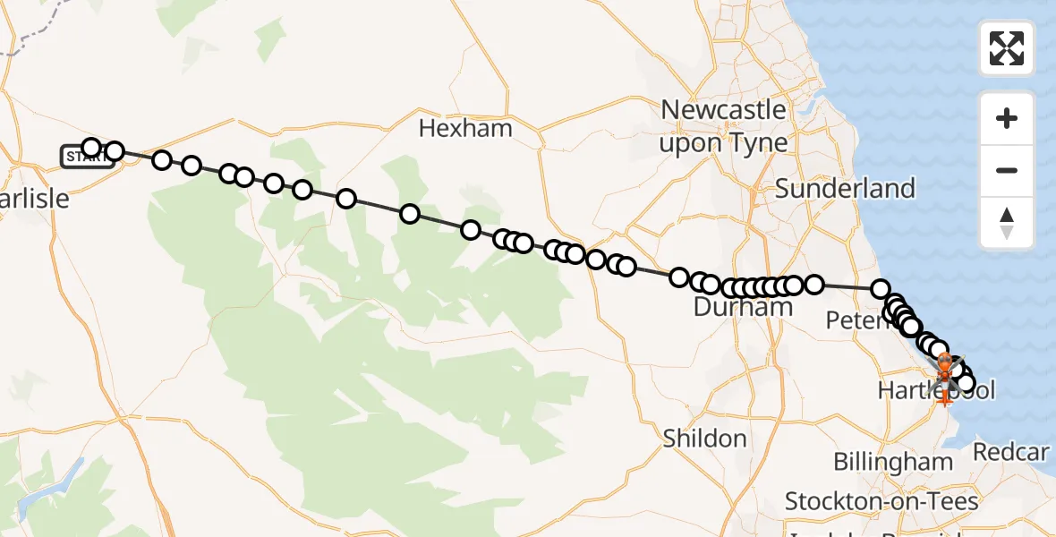 Flight route Coastguard Helicopter Carlisle Lake District Airport - Hartlepool, 28 June 2026, 14:33