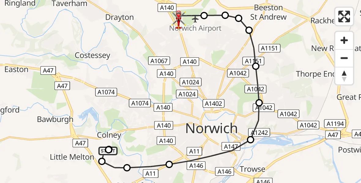 Flight route Air Ambulance Helicopter Norfolk & Norwich Hospital - Norwich Airport, 28 June 2026, 14:36