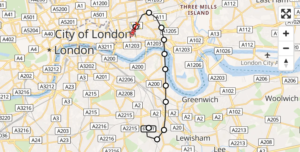 Flight route Air Ambulance Helicopter New Cross Gate - Royal London Hospital, 28 June 2026, 14:37