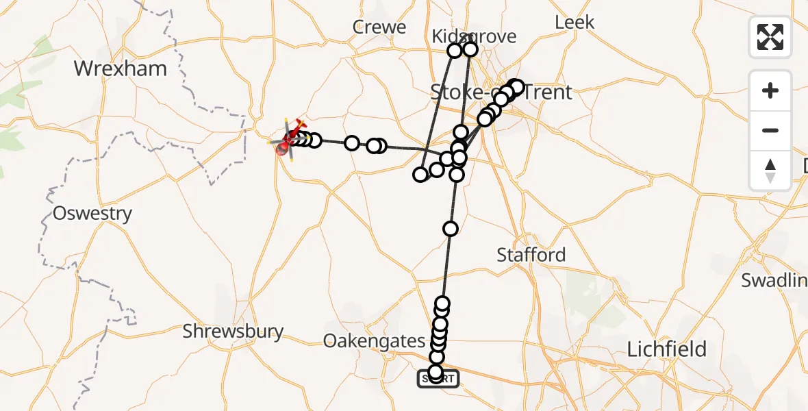 Flight route Air Ambulance Helicopter RAF Cosford - Ash Magna, 28 June 2026, 14:39