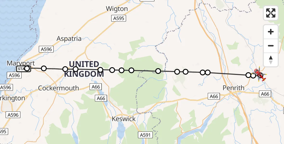 Flight route Air Ambulance Helicopter Maryport - Edenhall, 28 June 2026, 14:45
