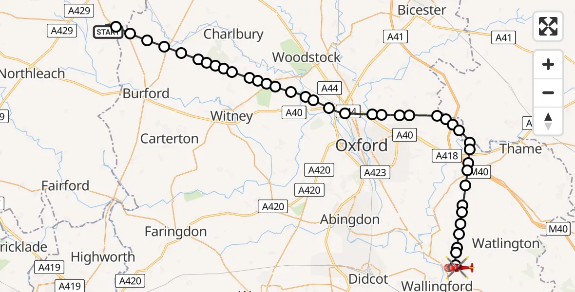 Flight route Air Ambulance Helicopter Upper Rissington - RAF Benson, 28 June 2026, 14:53