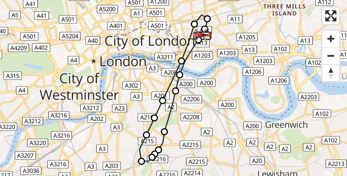 Flight route Air Ambulance Helicopter Royal London Hospital - Royal London Hospital, 28 June 2026, 14:55