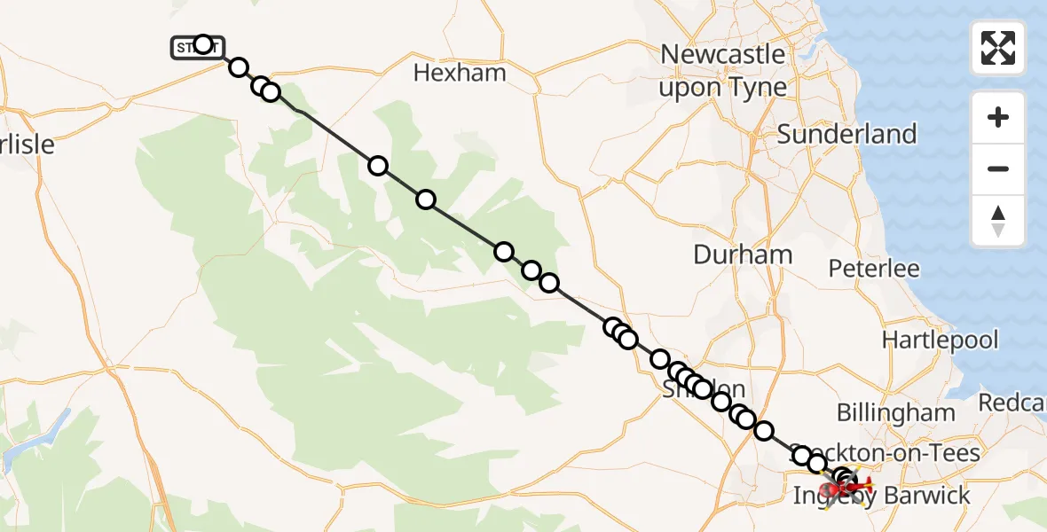 Flight route Air Ambulance Helicopter Gilsland - Egglescliffe, 28 June 2026, 14:59