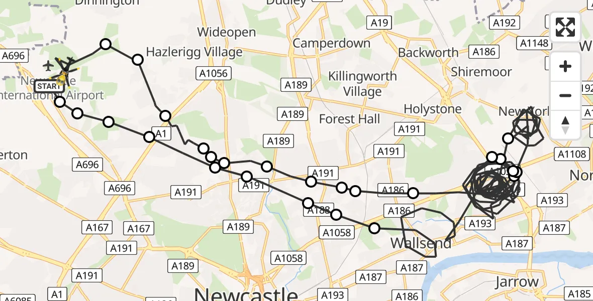 Flight route Police Helicopter Newcastle International Airport - Newcastle International Airport, 28 June 2026, 15:03