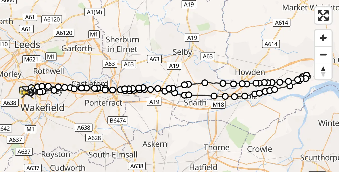 Flight route Police Helicopter East Ardsley - East Ardsley, 28 June 2026, 15:03