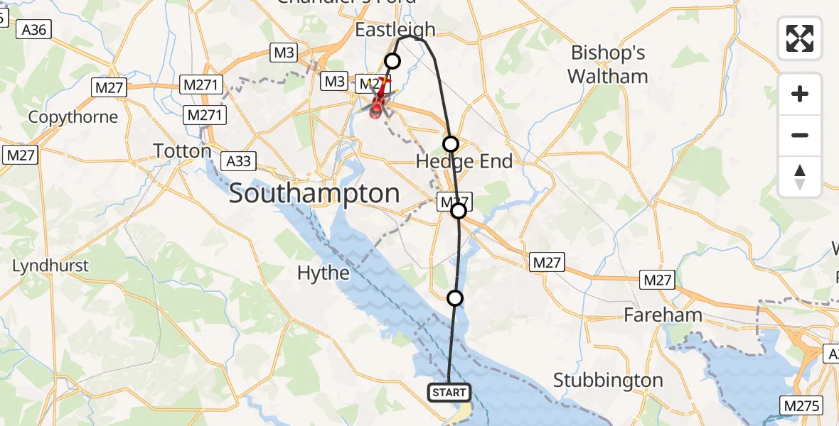 Flight route Air Ambulance Helicopter Southampton Water - Mansbridge, 28 June 2026, 15:07