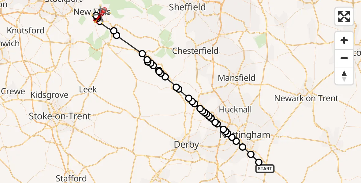 Flight route Air Ambulance Helicopter Widmerpool - Brierley Green, 28 June 2026, 15:16