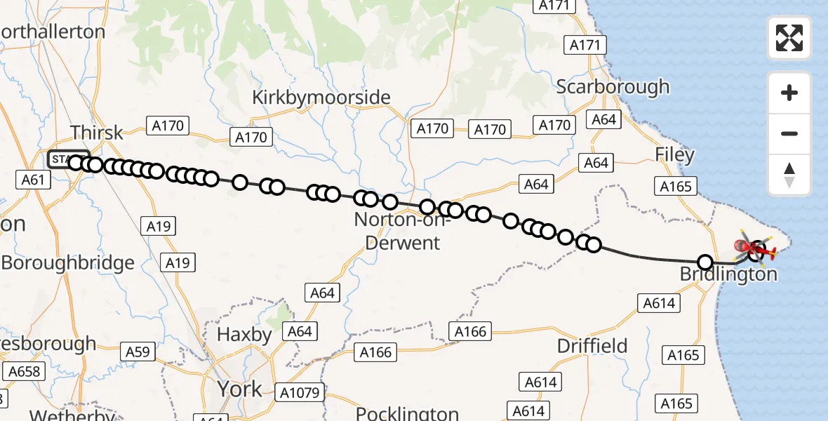 Flight route Air Ambulance Helicopter RAF Topcliffe - Bridlington, 28 June 2026, 15:20